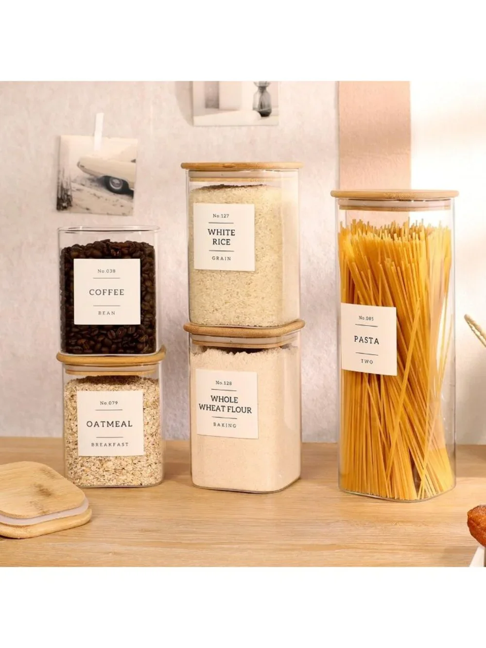5 Pack Clear Glass Pantry Storage Jars with Airtight Bamboo Lids & 132 Labels